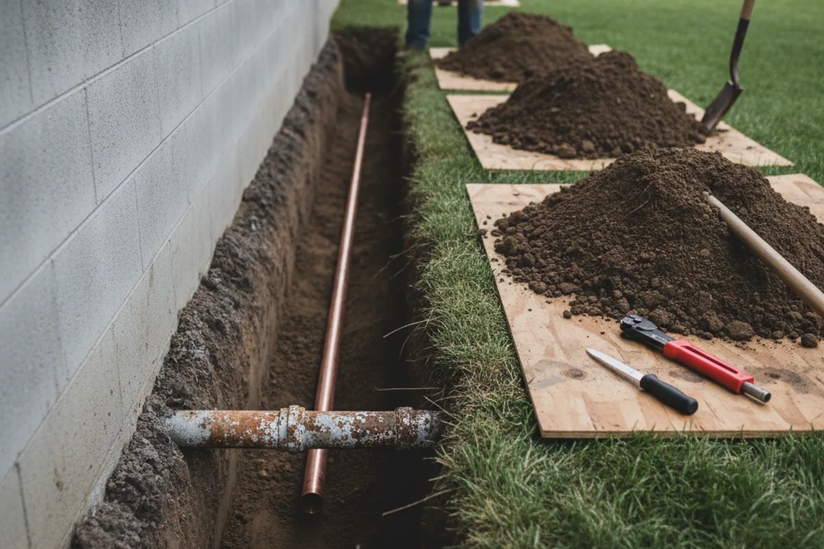 Excavated water line trench during Water Softener Installation in Greenville
